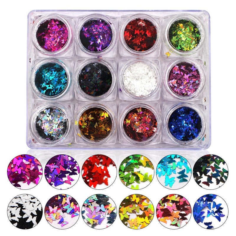 Yeslady Nail Art Butterfly Slice Sequins Paillette Laser Sparkly Flakes 3D Bow 12 Colors - Image 2